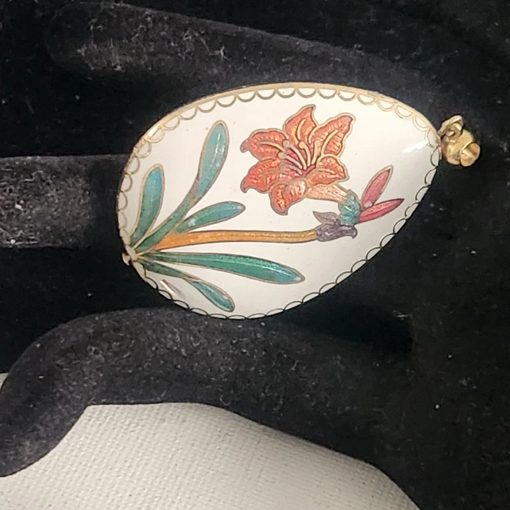 Vintage Cloisonne Enamel Egg Pendant White Orange Floral Lily Gold Tone Charm
